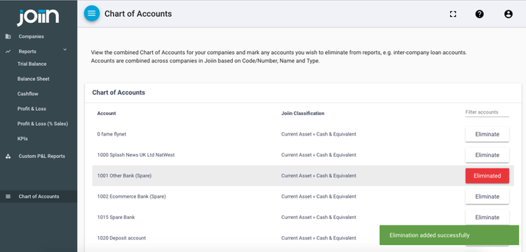 joiin financial consolidation software chart of accounts